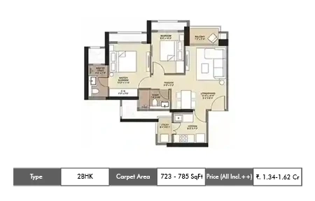 Hiranandani Fortune City 2 BHK floor plan, 676 sq ft carpet area